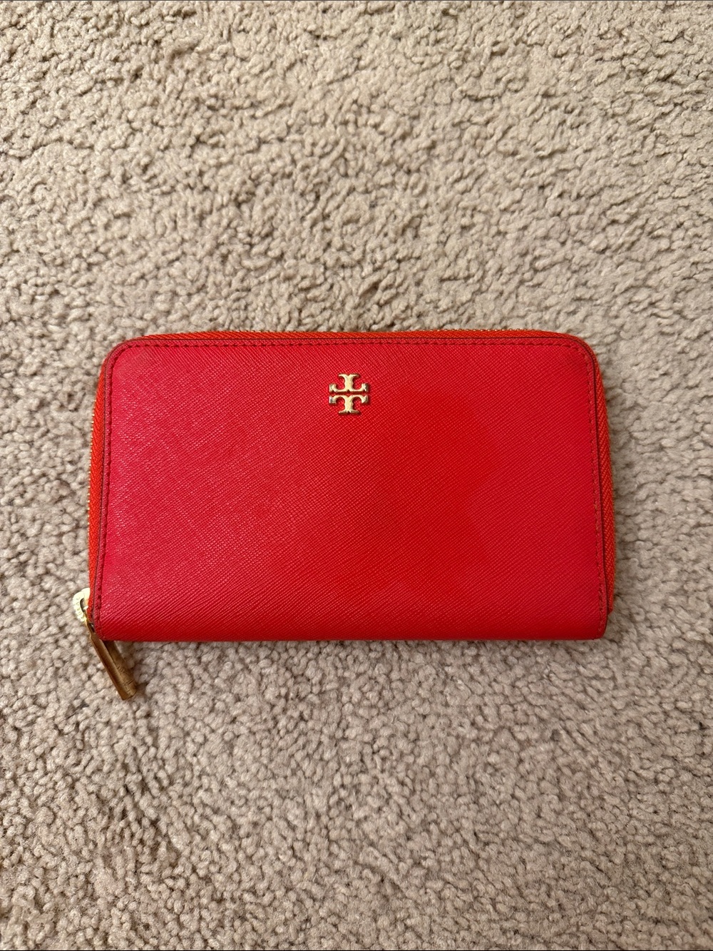 Tory Burch Red Zip Around Wallet with Gold Accents